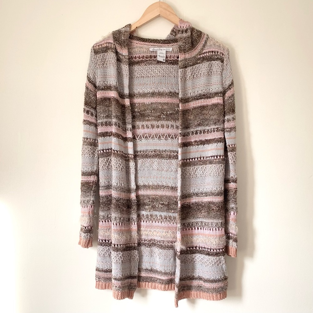 American Rag Striped Boho Aztec Duster Cardigan Open Front Hooded Fuzzy Accent